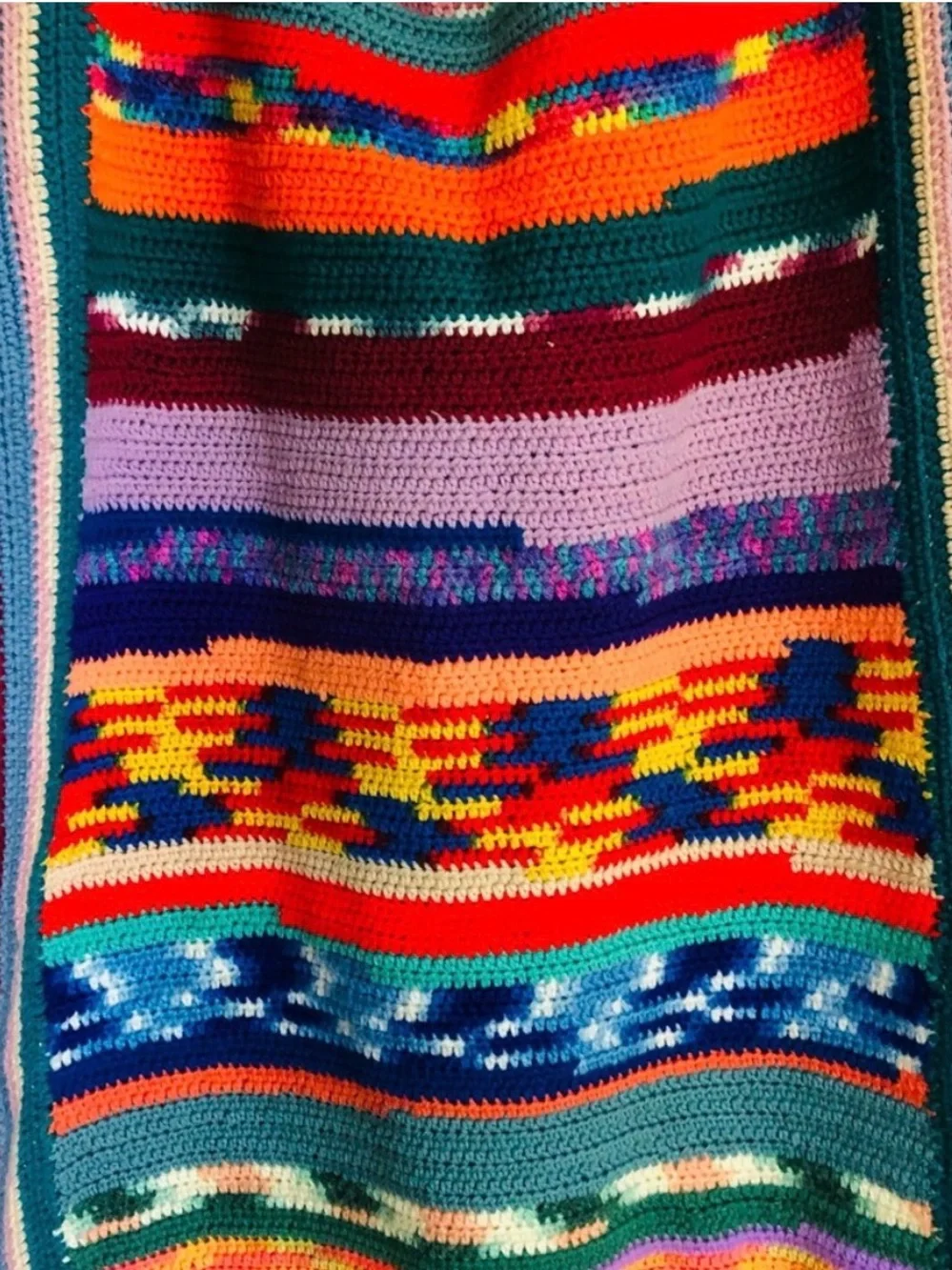Vintage Boho Hippie Handmade Colorful Crochet Afghan Throw Blanket